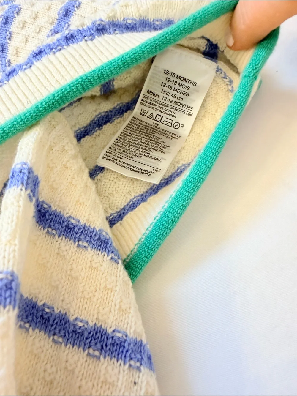 Baby GAP Cream & Lake Blue Striped Cotton Knit Set Kelly Green Detailing 12-18M